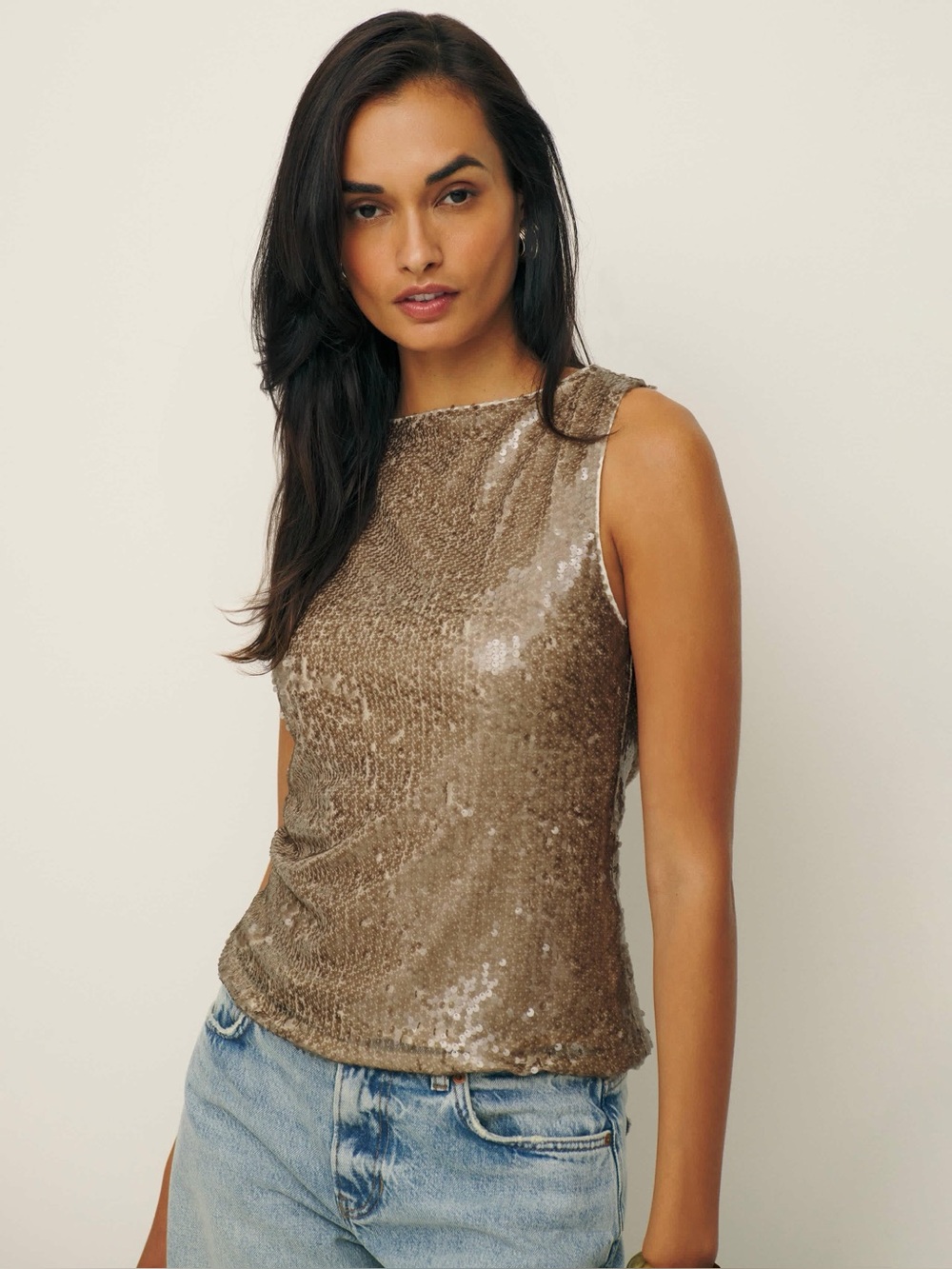 Reformation Lisa Sequin Knit Tank in Mushroom - S